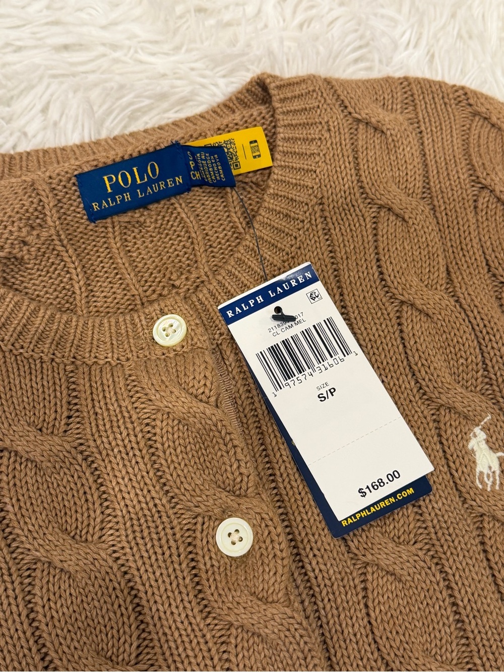 Ralph Lauren Cable-Knit Crewneck Cardigan - Camel Brown - Picture 3 of 5